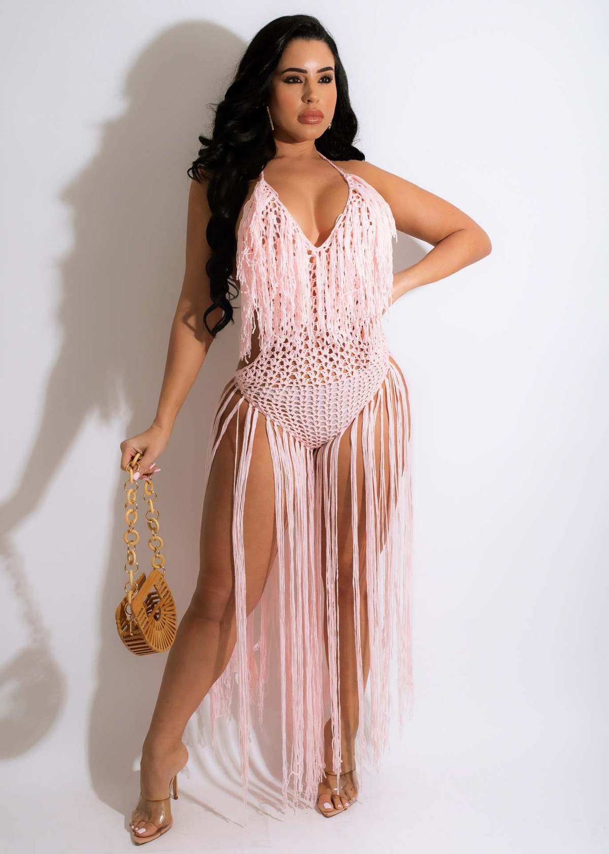 Traje de baño de moda para mujer, sexy, de color sólido, con cuello halter calado y borlas largas