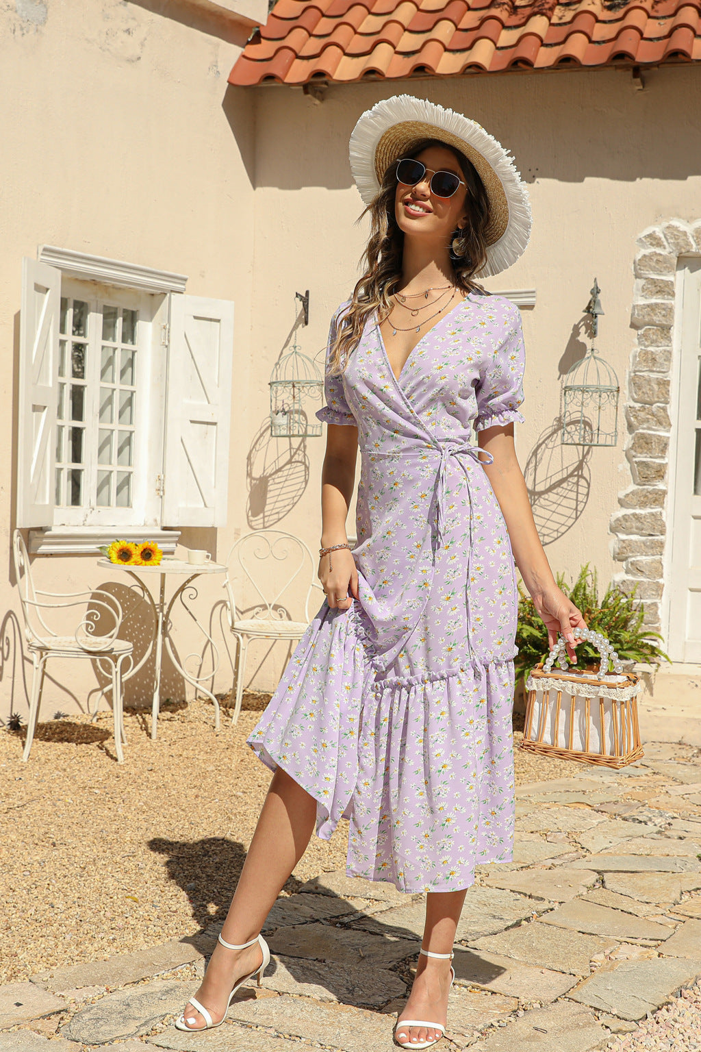 Robe de plage bohème sexy à col en V et imprimé floral en mousseline de soie