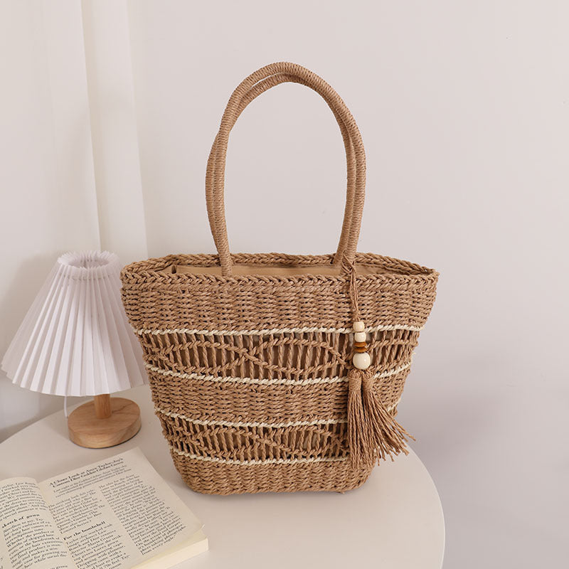 Bohemian Holiday Hollow Straw Woven Tassel Tote Bag