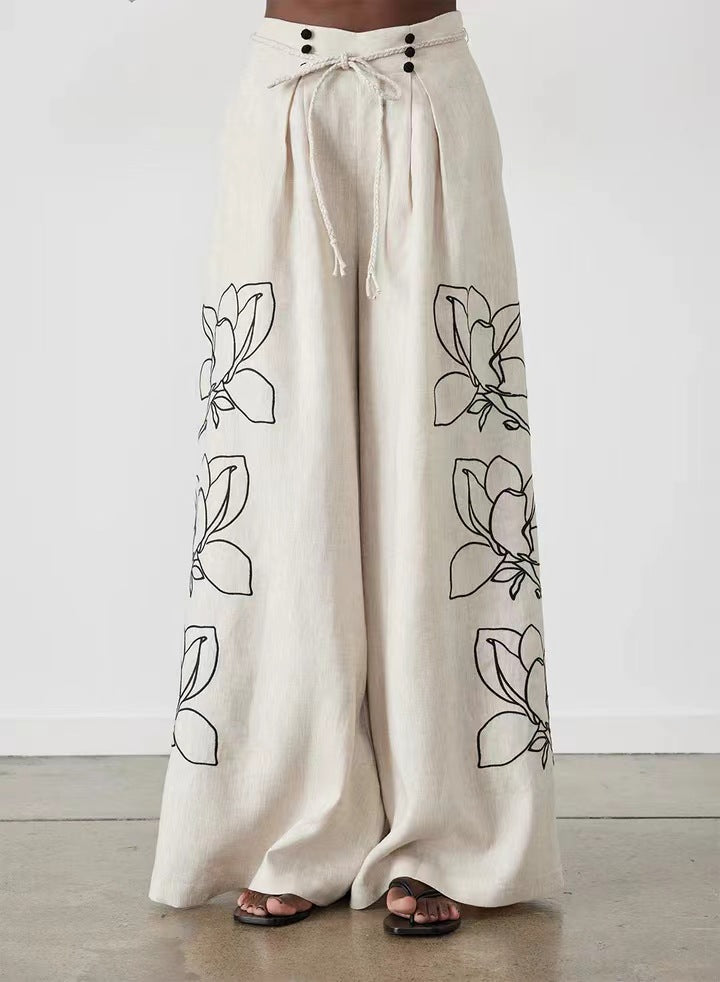 Conjunto de pantalones anchos con estampado de algodón y lino para mujer, estilo casual y moderno.
