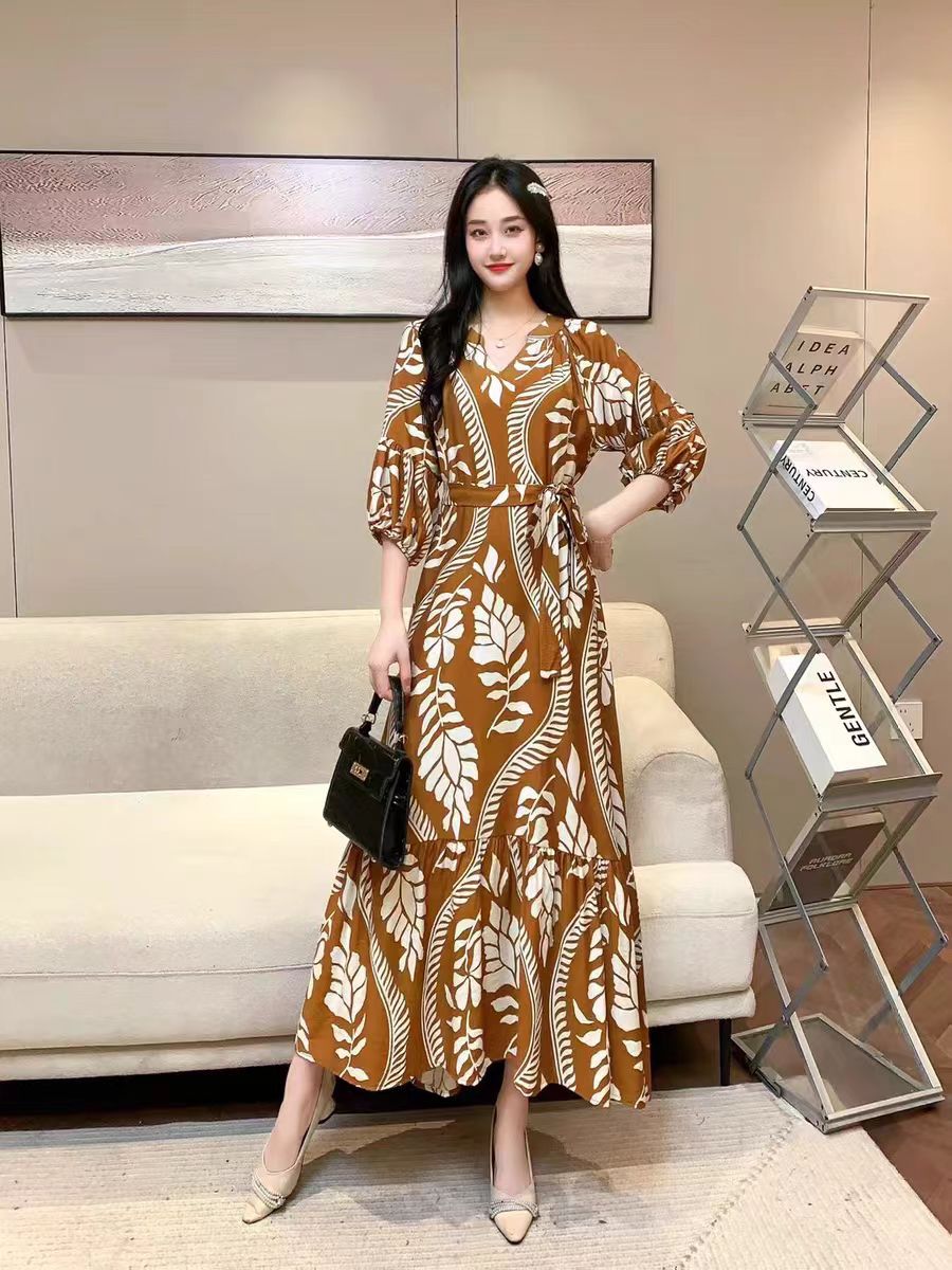 Vestido informal de gasa con cuello en V y estampado para mujer