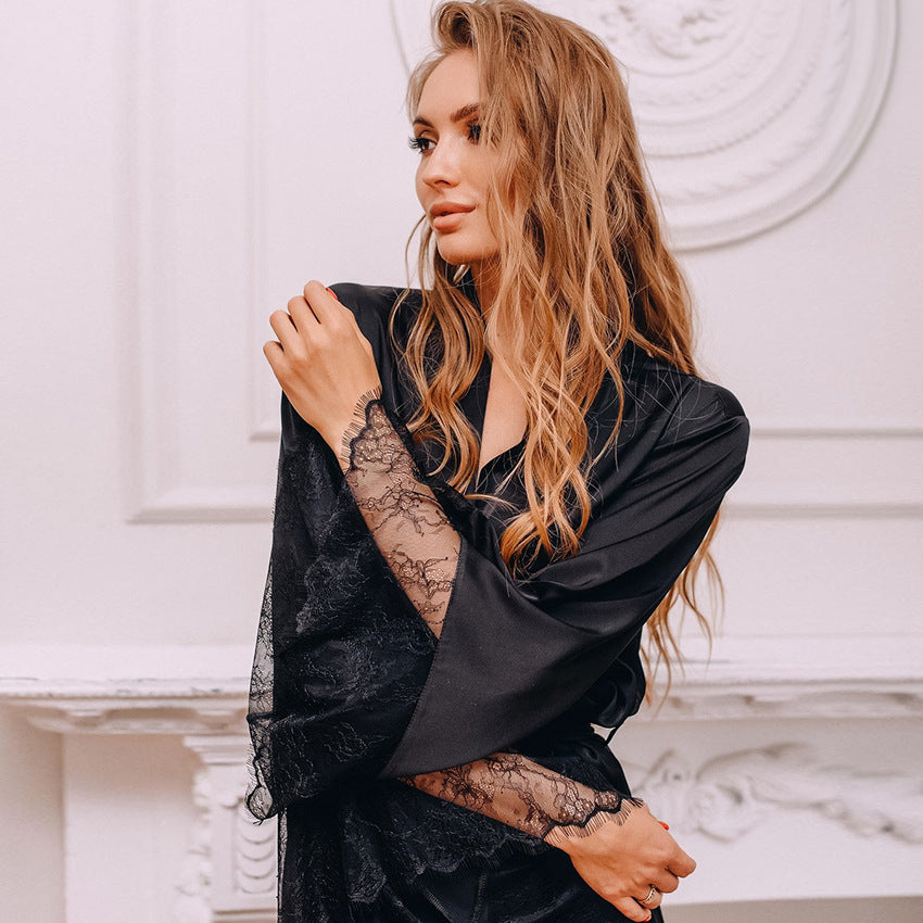 Women Fashion Lace Sexy Silk Pajamas in Black, Green, and Red