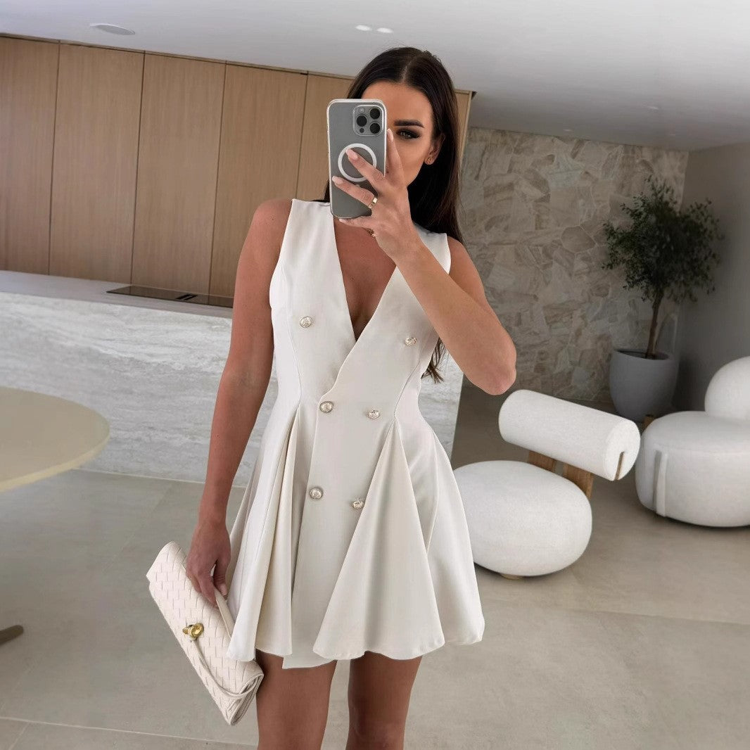 Elegant Solid Color V-Neck Sleeveless Dress
