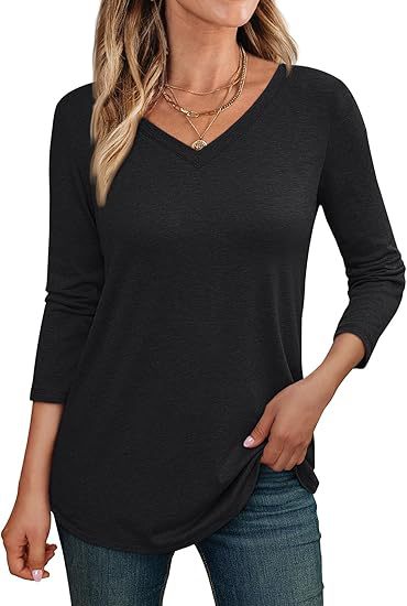 Women Casual Solid Color V-Neck Long Sleeve Blank T-Shirt