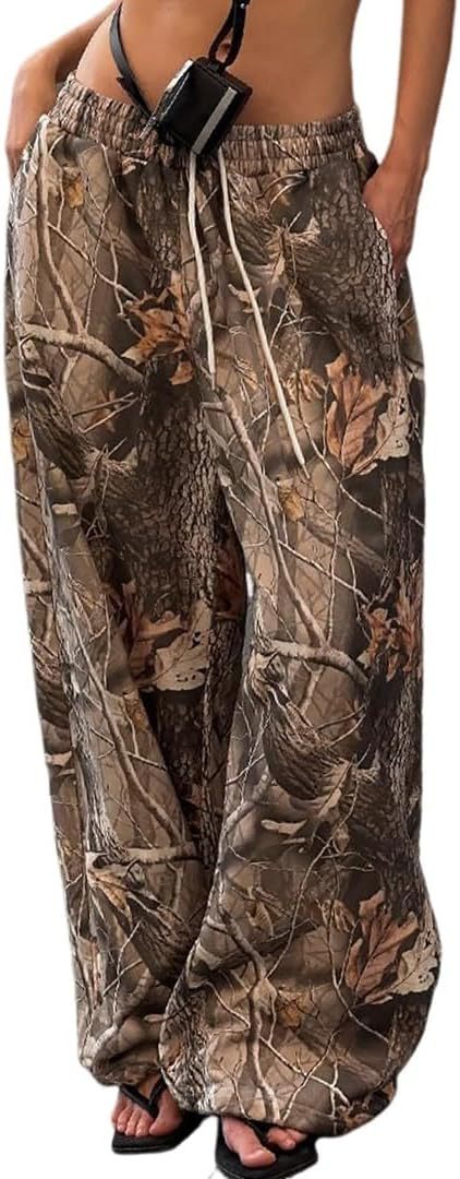 Pantalon large décontracté en coton et élasthanne pour femme, motif camouflage
