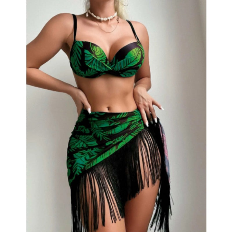 Traje de baño sexy con borlas para mujer, conjunto de tres piezas