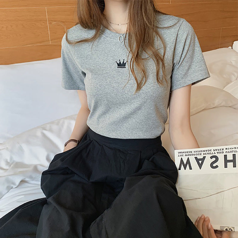 Women Fashion Casual Solid Color Embroidered Crewneck T-Shirt