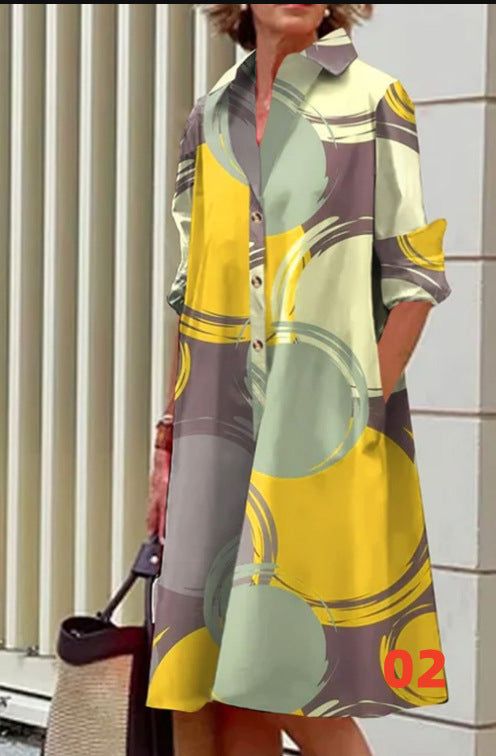 Vestido informal de manga larga con solapa y estampado para mujer