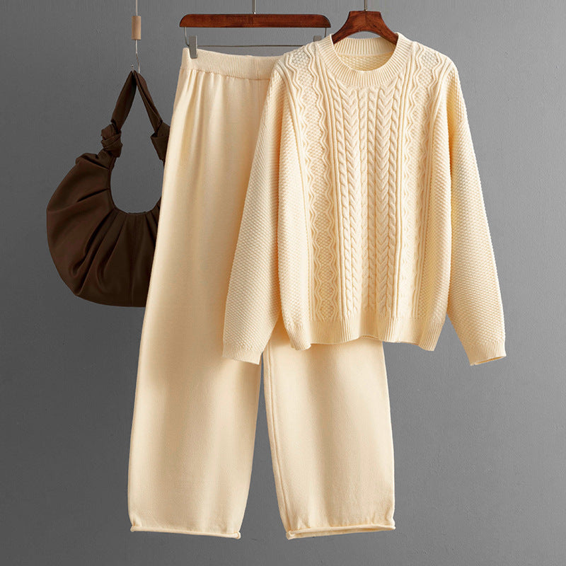 Ensemble pull tricoté décontracté de couleur unie et pantalon large pour femme