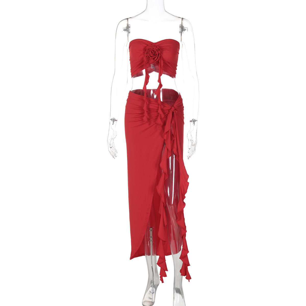 Ensemble haut tube plissé et jupe fendue à lacets pour femme, couleur unie