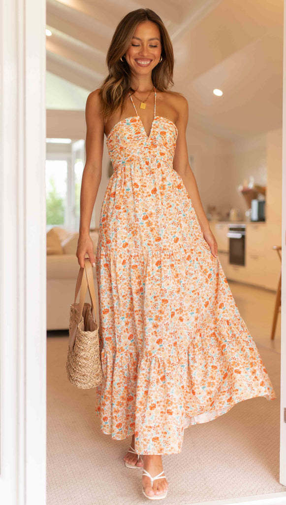 Vacation Women Casual Tiny Flower Print Maxi Dress