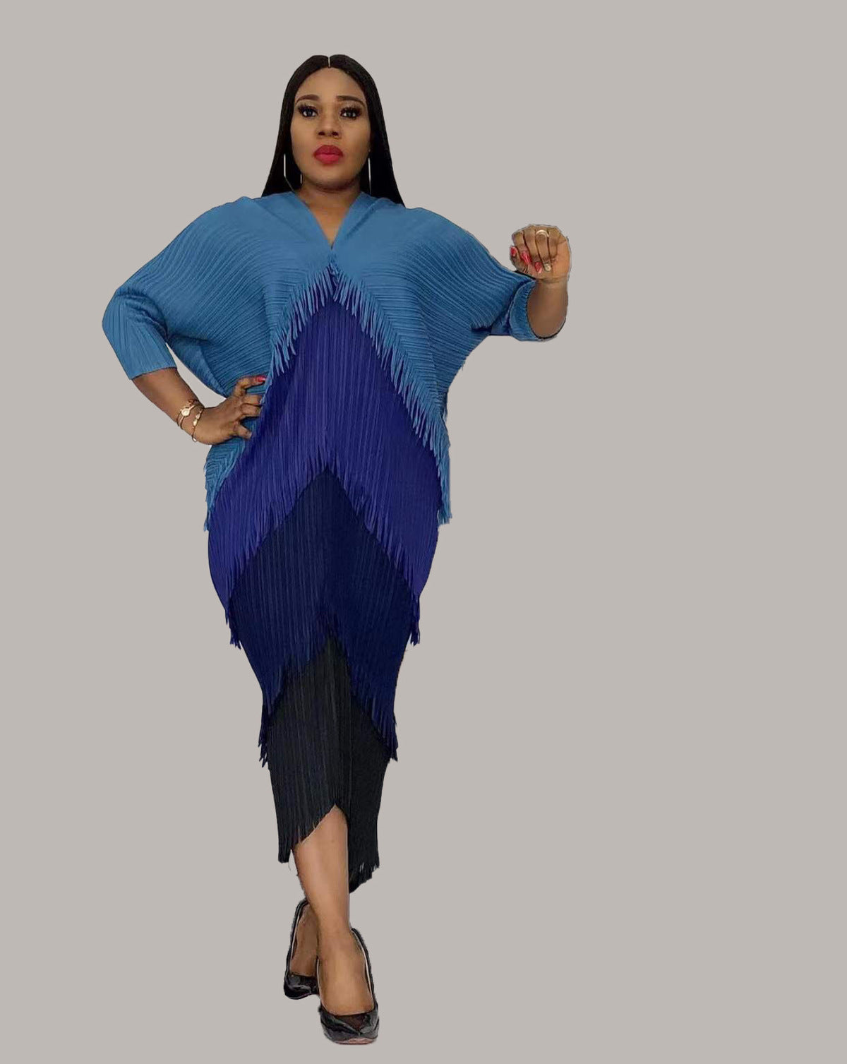 African Women Fashion Pleated Color Matching Dress