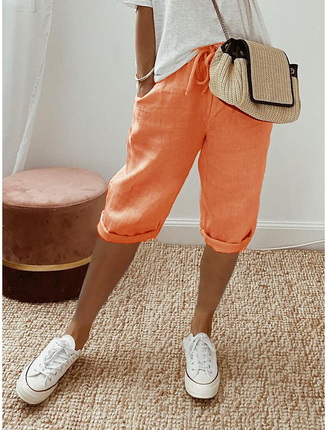 Pantalones casuales de lino y algodón de color liso a la moda para mujer