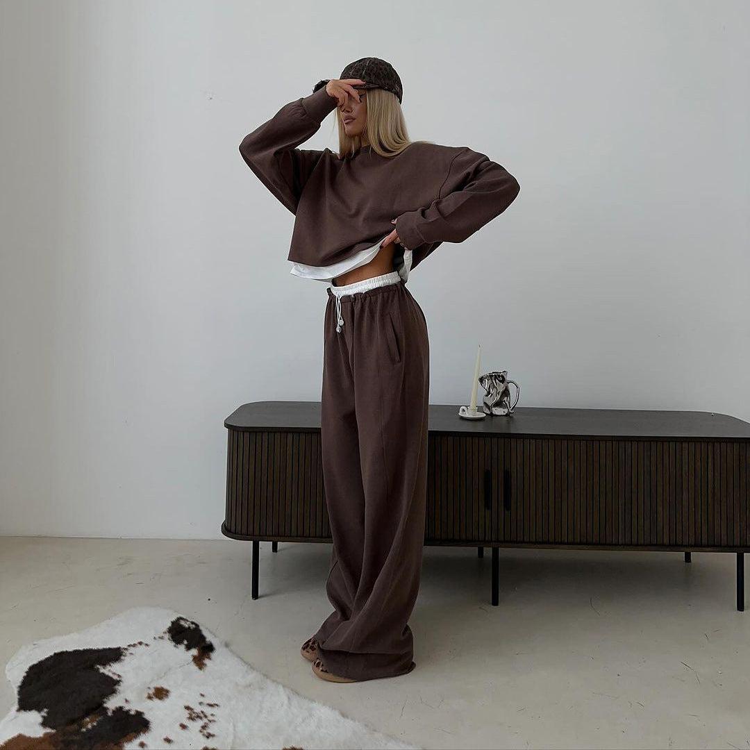 Women Long Sleeve Casual Solid Color Sweatshirt and Loose Pants Two-Piece Set