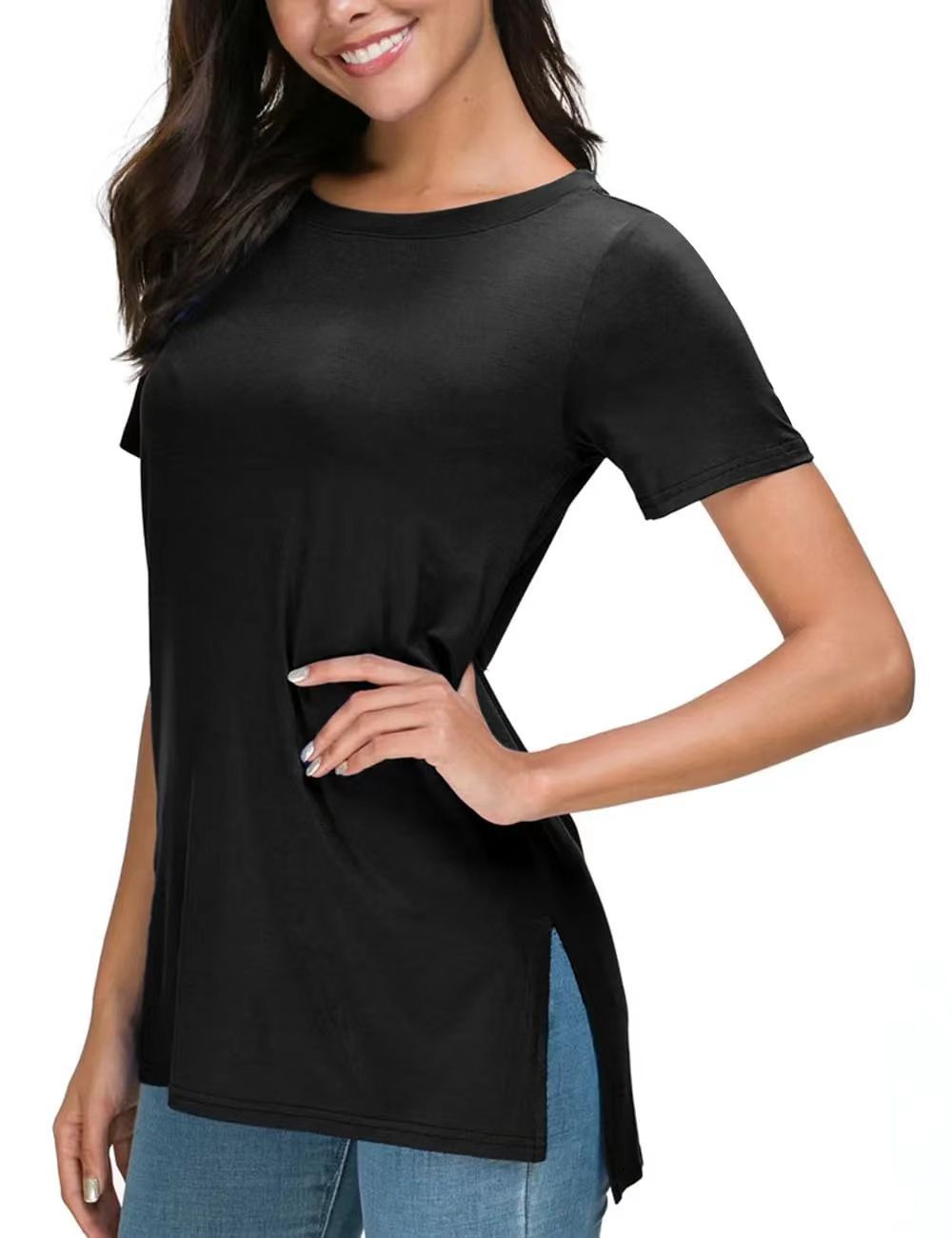 Camiseta sencilla de manga corta con cuello redondo y color liso para mujer