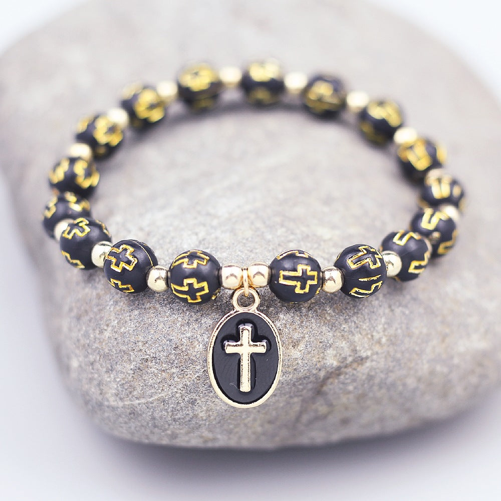 Pulsera de cuentas con colgante de cruz ovalada de moda para mujer