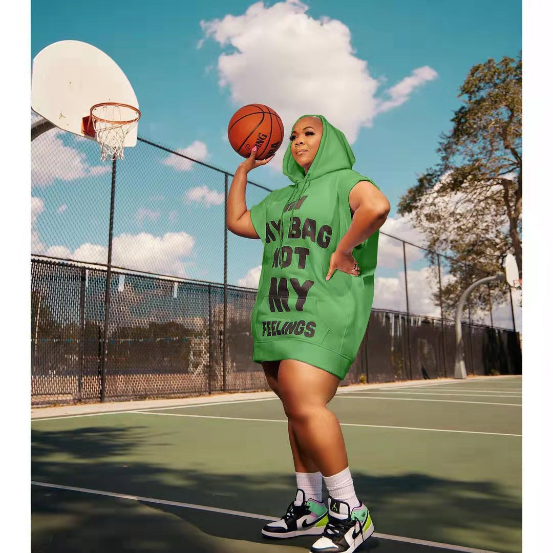 Robe à capuche sport grande taille en coton vert pour femme