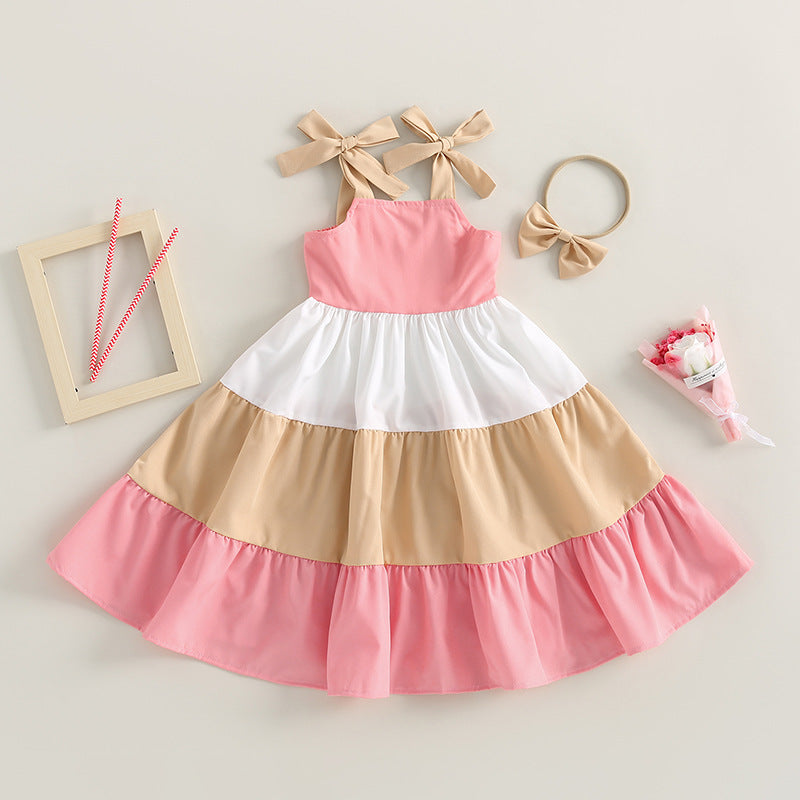 Robe de plage bohème sans manches à couleurs contrastées pour enfants et bébés