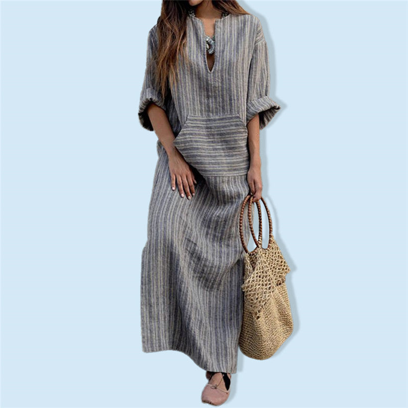 Vestido largo informal de lino y algodón de moda de verano para mujer