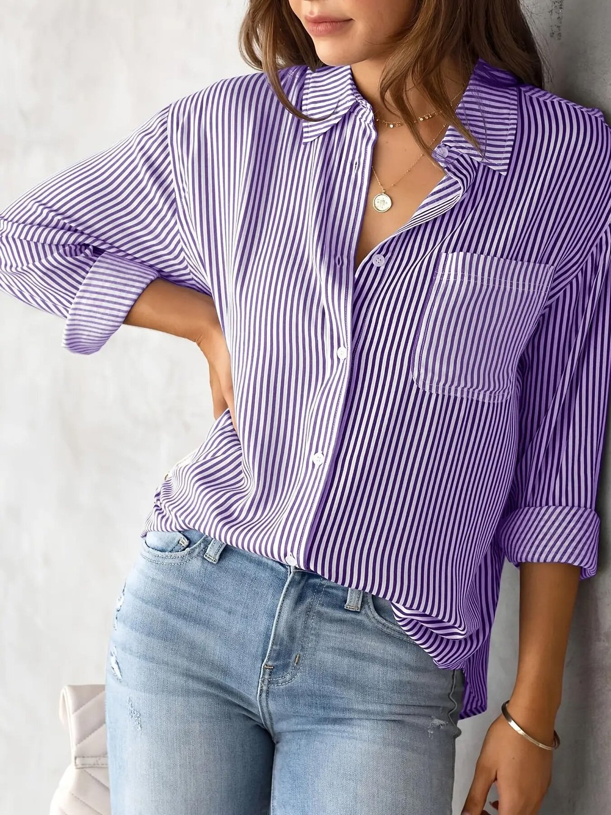Blusa informal de poliéster con solapa y manga larga a rayas para mujer, corte holgado