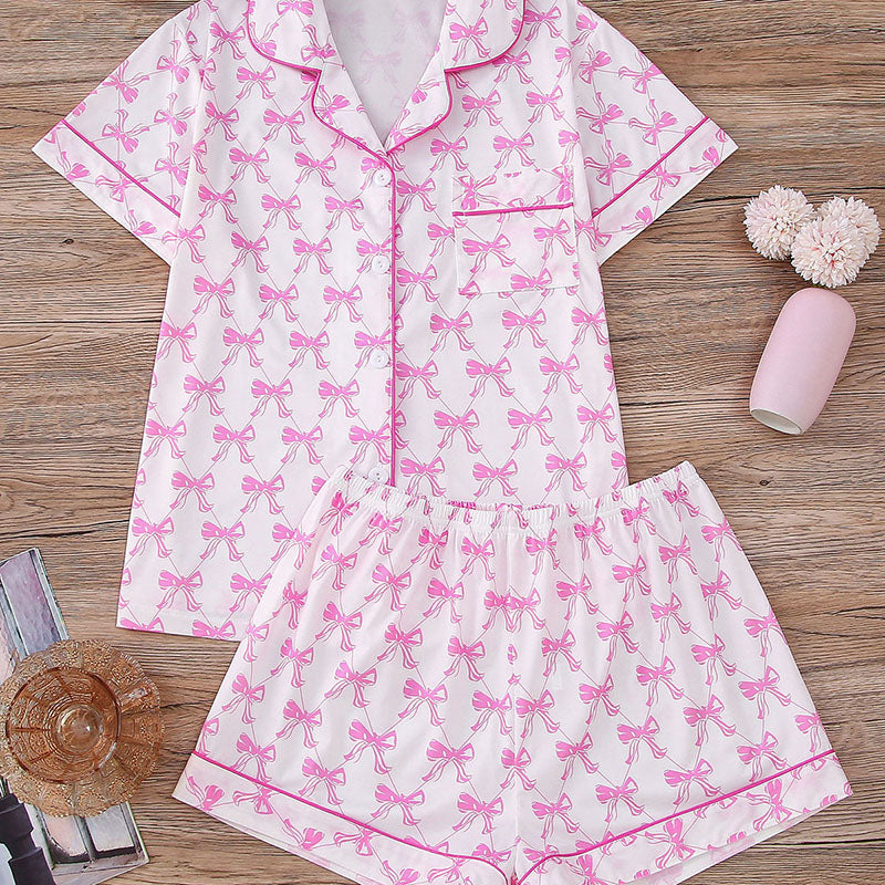 Women Pink Bow Print Lapel Short Sleeve Pajamas