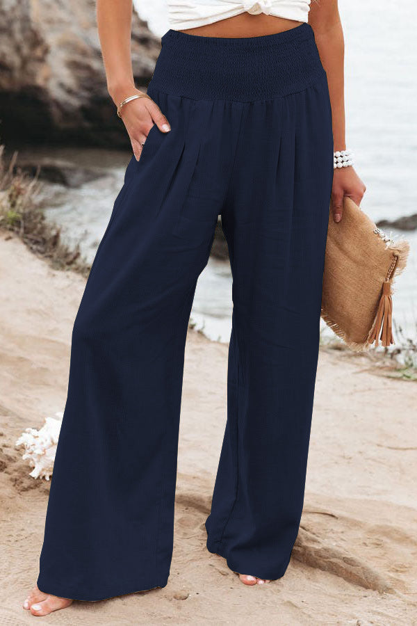 Pantalones anchos de lino y algodón para mujer con bolsillos