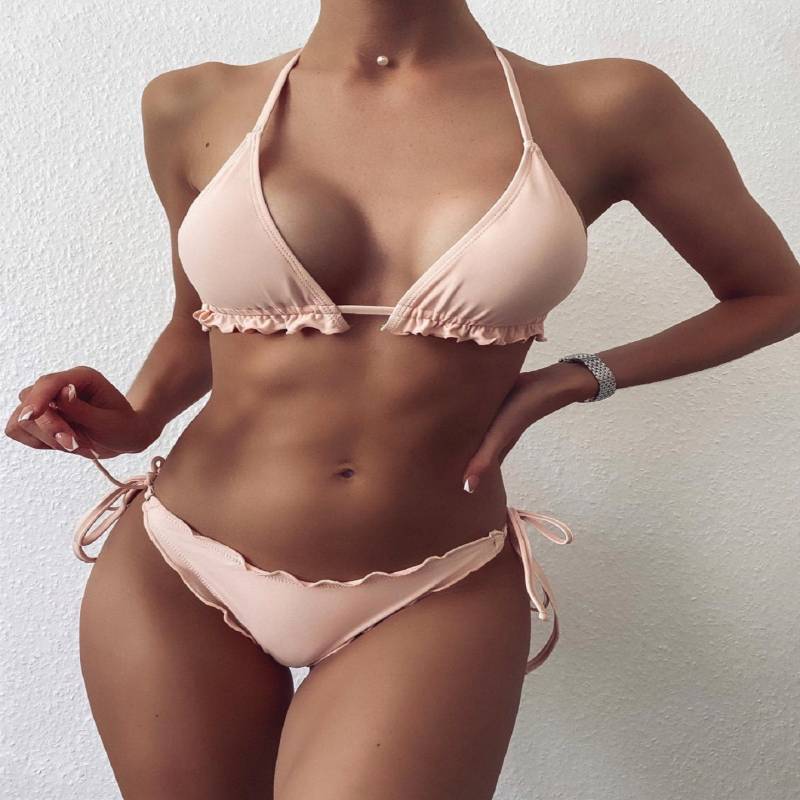 Traje de baño de bikini estilo halter con volantes de color liso para mujer