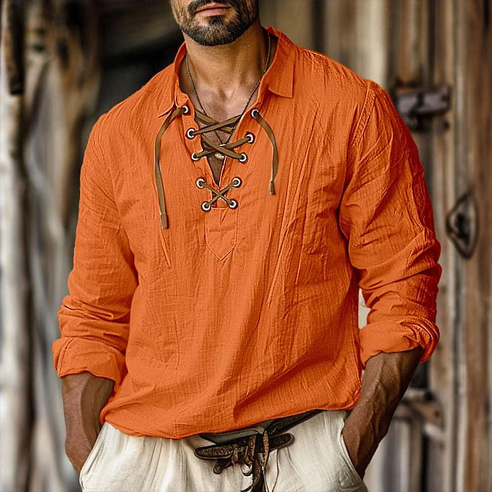 Camisa informal de lino liso con cuello en V y mangas largas para hombre