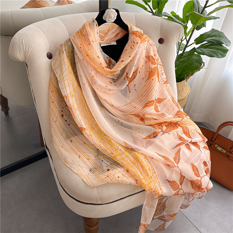 Summer Women Fashion Geometric Leaves Printed Silk Scarf