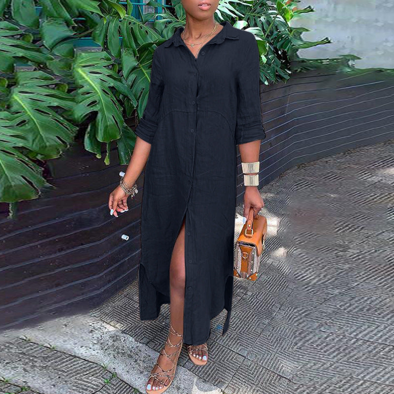 Vestido camisero largo informal de algodón y lino con solapa para mujer
