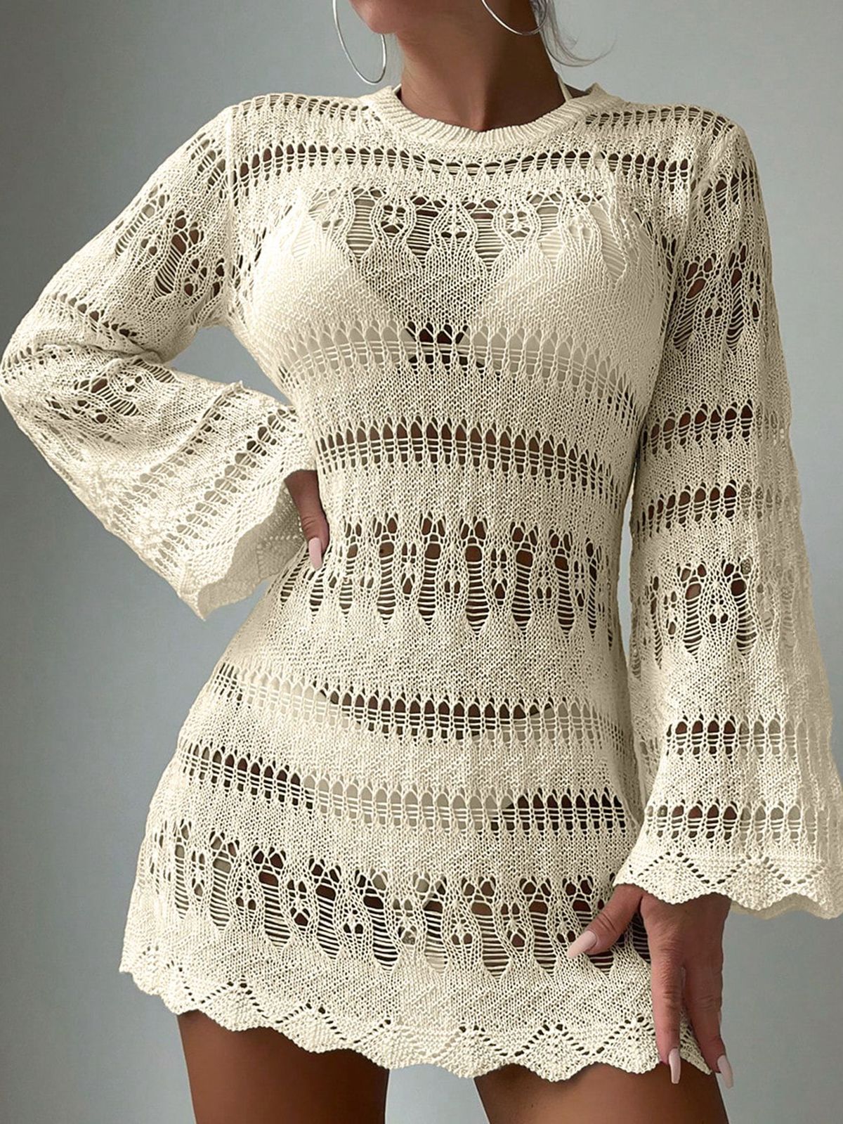 Vestido playero de punto calado de color liso a la moda para mujer