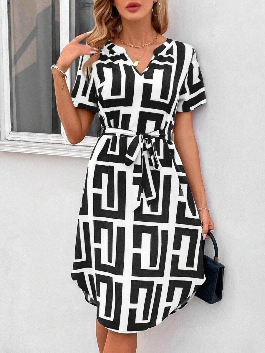 Women Fashion Casual Printed V-Neck Dress