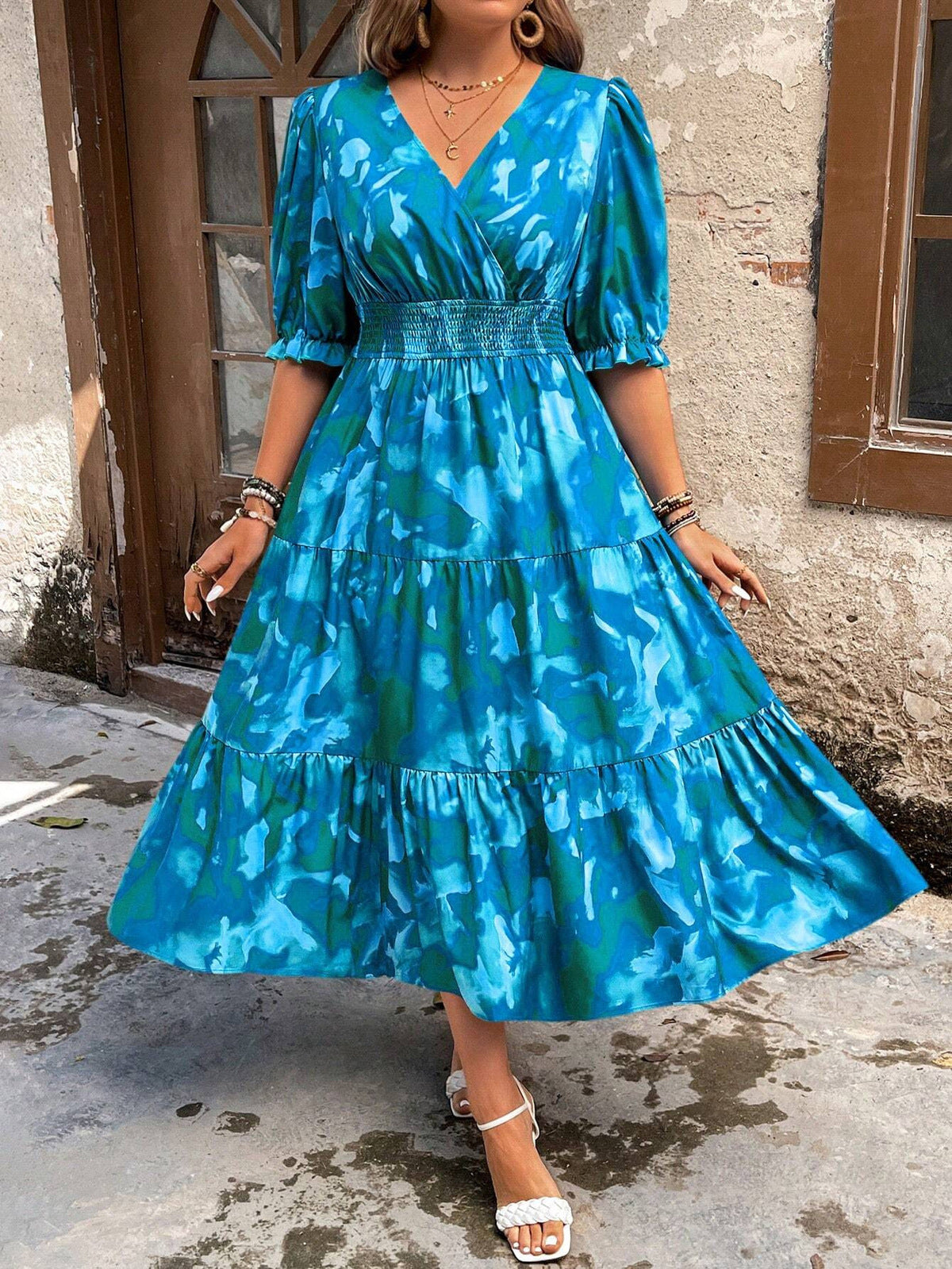 Elegant Plus Size Floral Print V-Neck Dress