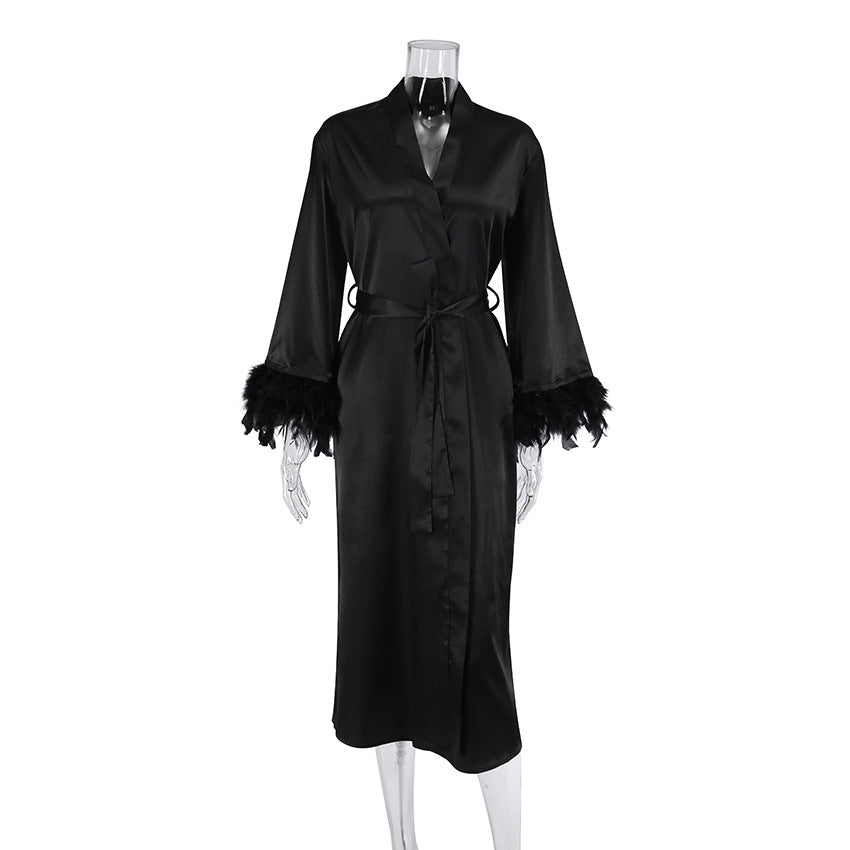 Women Fashion Loose Long Sleeve Feather Satin Pajamas Set