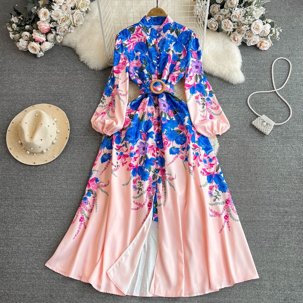 Elegante vestido midi de manga larga con estampado floral