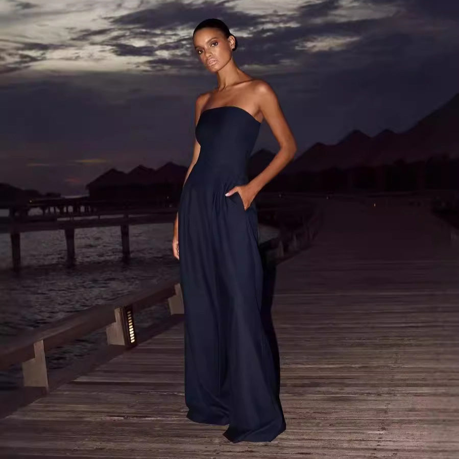 Women Fashion Solid Color Tube Top Jumpsuit Polyester Slim Fit