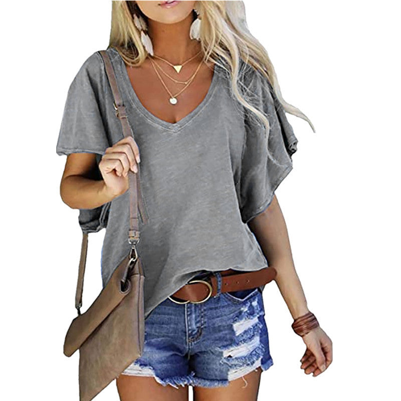 T-shirt basique à manches courtes et col en V pour femme, couleur unie, à volants