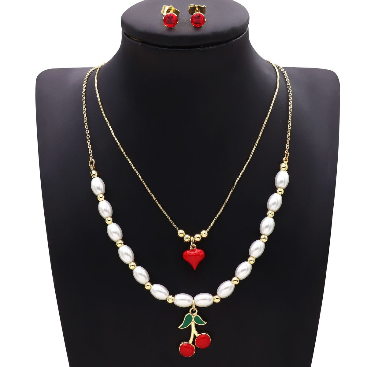 Conjunto de collar y pendientes de perlas de cerezo de doble capa para mujer - Joyería de lujo ligera