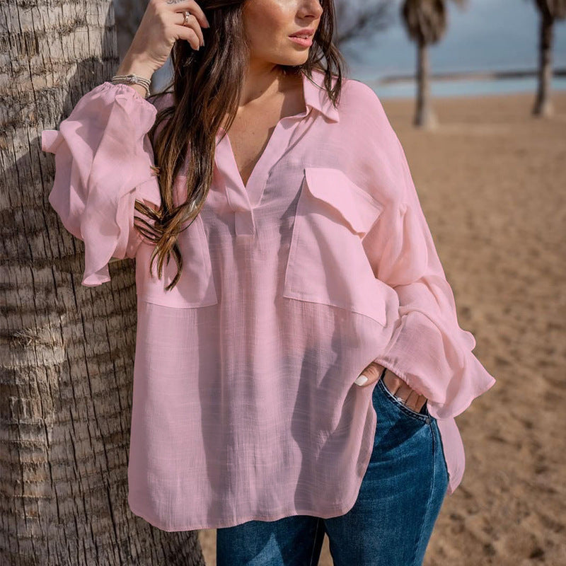 Blusa informal de manga larga con cuello en V para mujer