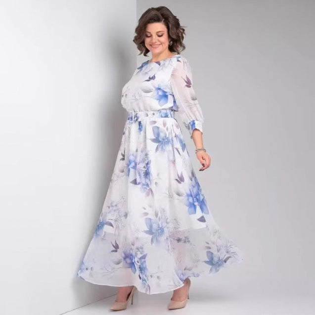Women Fashion Casual Floral Printed Long Sleeve Loose Dress in Polyester