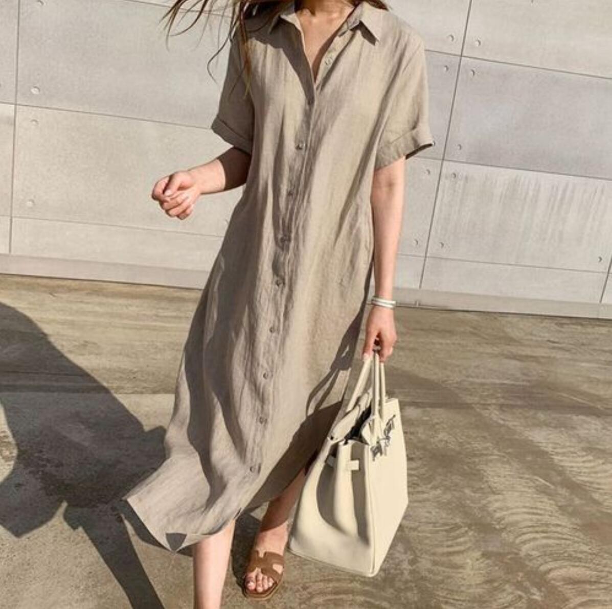 Robe chemise longue ample et décontractée en lin pour femme