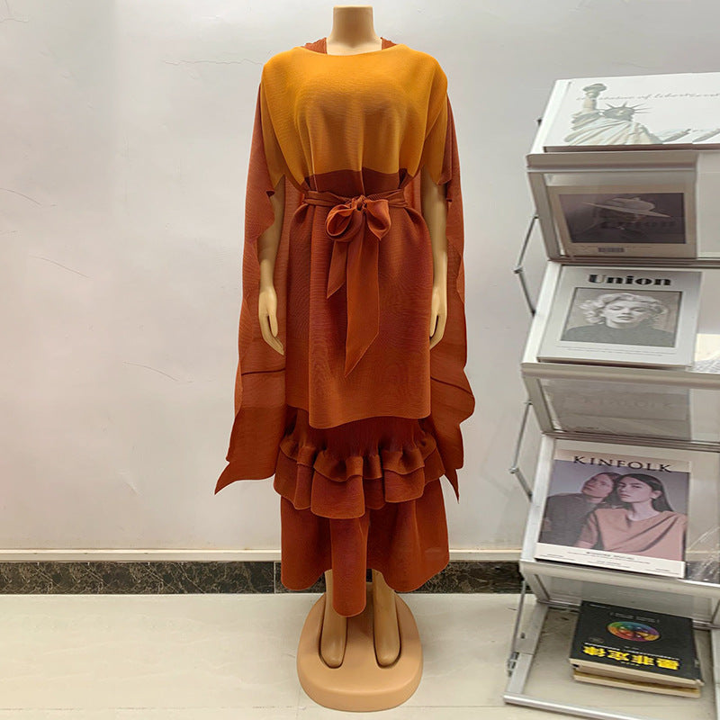 African Women Fashion Pleated Cape Ruffled Dress Set