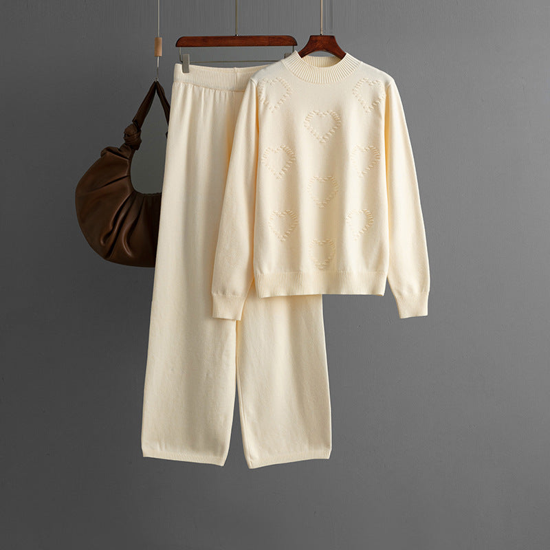 Women Casual Solid Color Long Sleeve Sweater and Pants Set