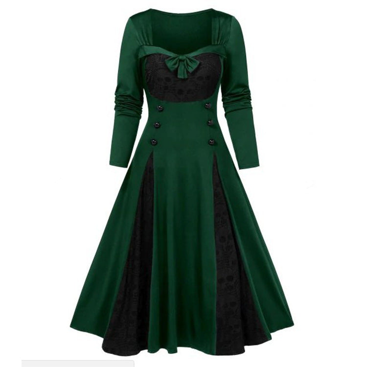Women Gothic Skull Lace Stitching Color Contrast Dress