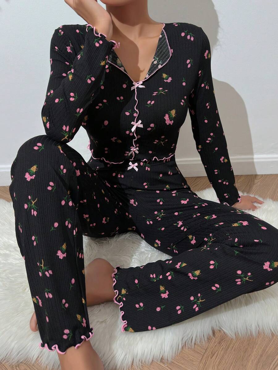 Women Fashion Casual Printed Lapel Long Sleeve Pajamas Set