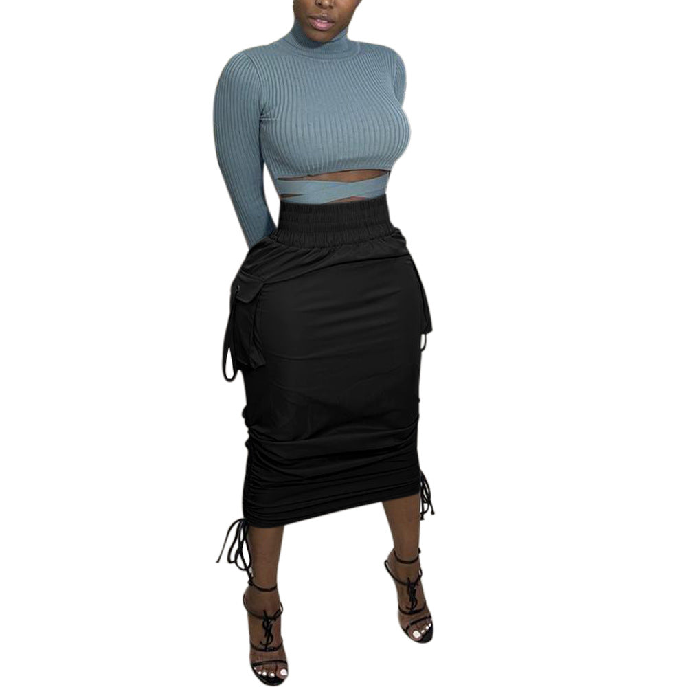 Women Fashion Solid Color Drawstring Skirt