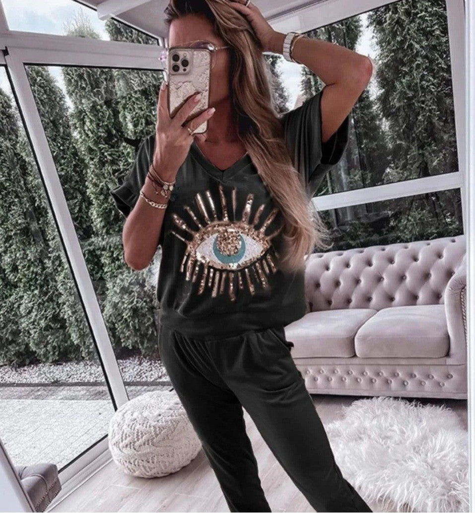 Conjunto de dos piezas con cuello en V y estampado de lentejuelas de ojo de diablo
