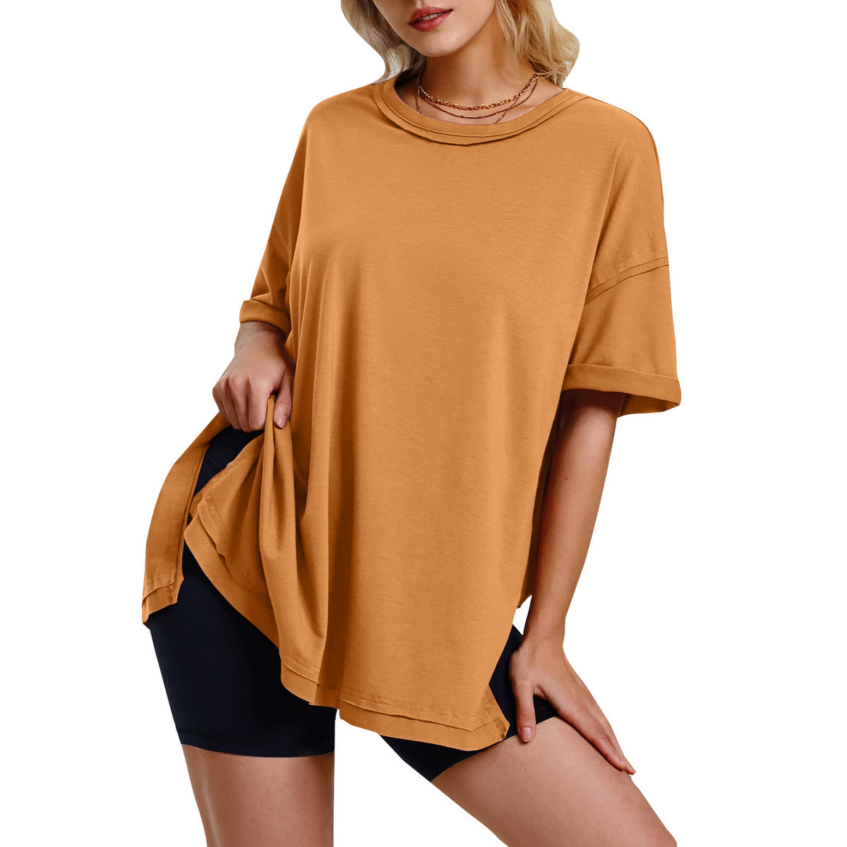 Women Casual Solid Crewneck Loose Tee in Cotton