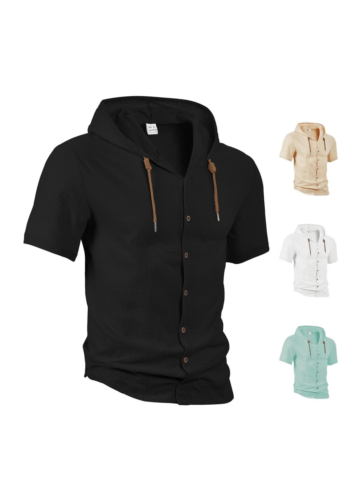 Sudadera con capucha informal de algodón y lino de manga corta para hombre, tendencia que combina con todo.