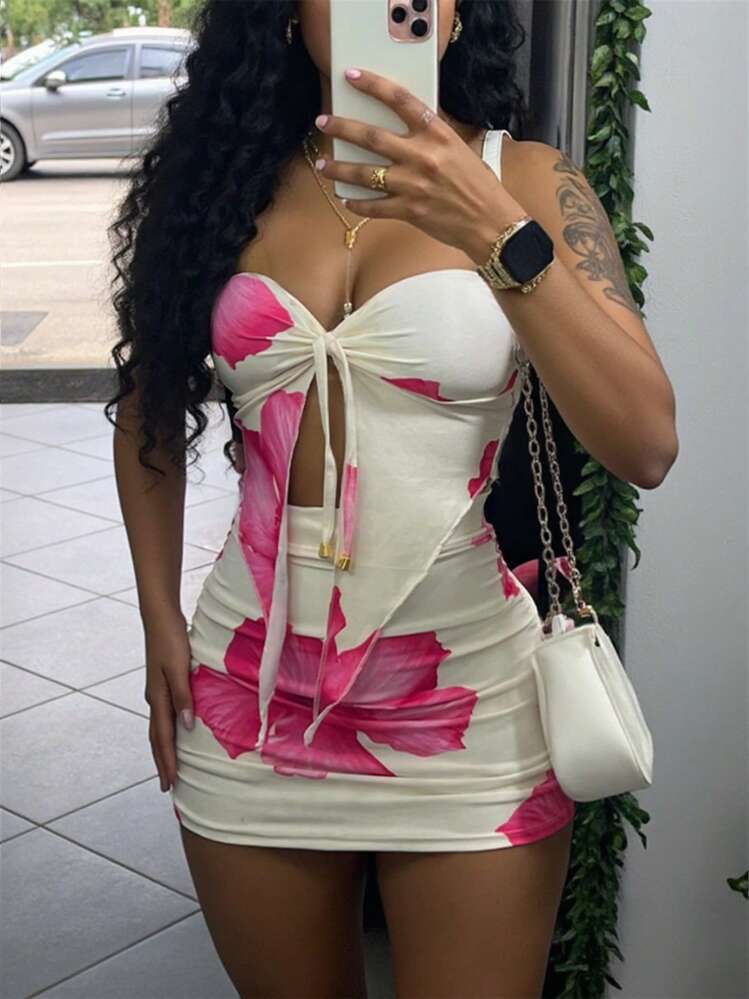 Summer Women Floral Printed Lace-Up Tube Top and Mini Skirt Set